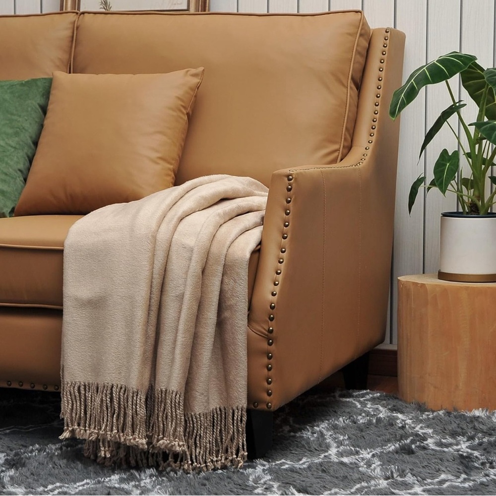 NEW EP Mode Fringed Mulberry Silk Throw Blanket for Sofa (Rugby Tan)